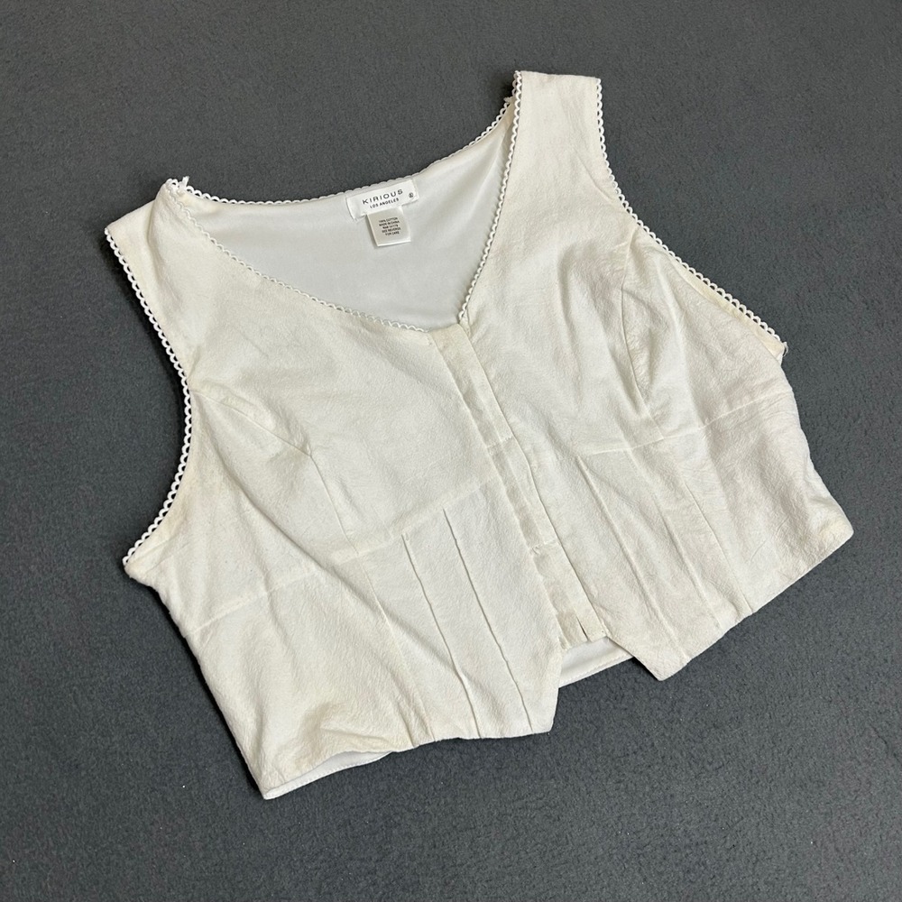 Kirious Los Angeles Vest Women XL White Crop Cotton Pintuck Scalloped Lace Trim